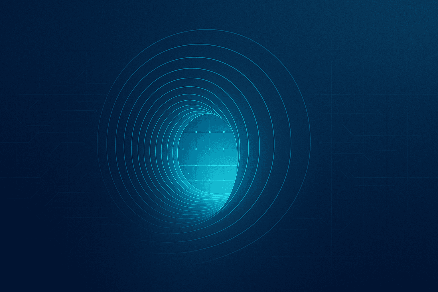 Futuristic digital dashboard with glowing cyan tunnel and data grid